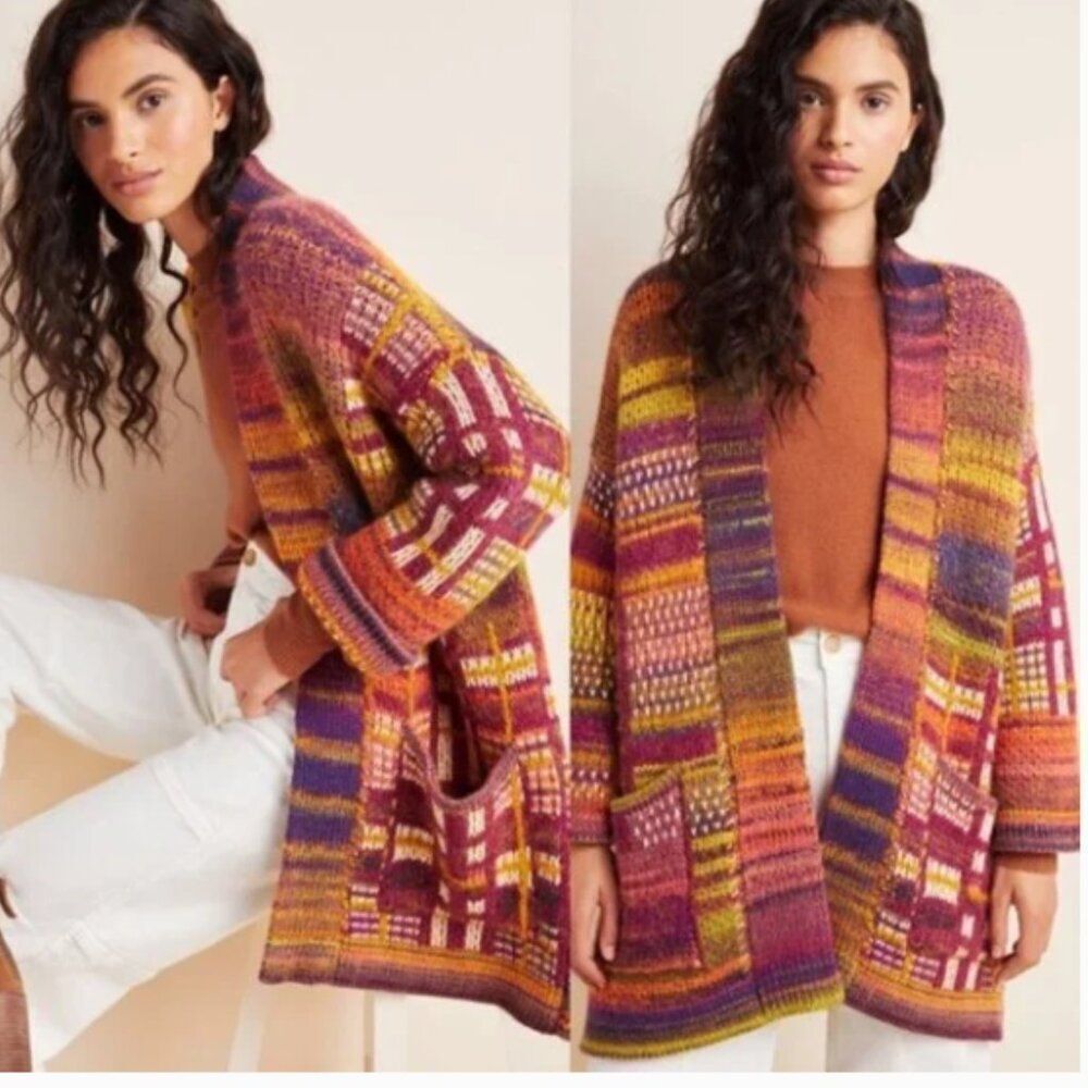 Anthropologie Multicolor Patchwork Open Cardigan - Purple, Pink, Yellow, Orange